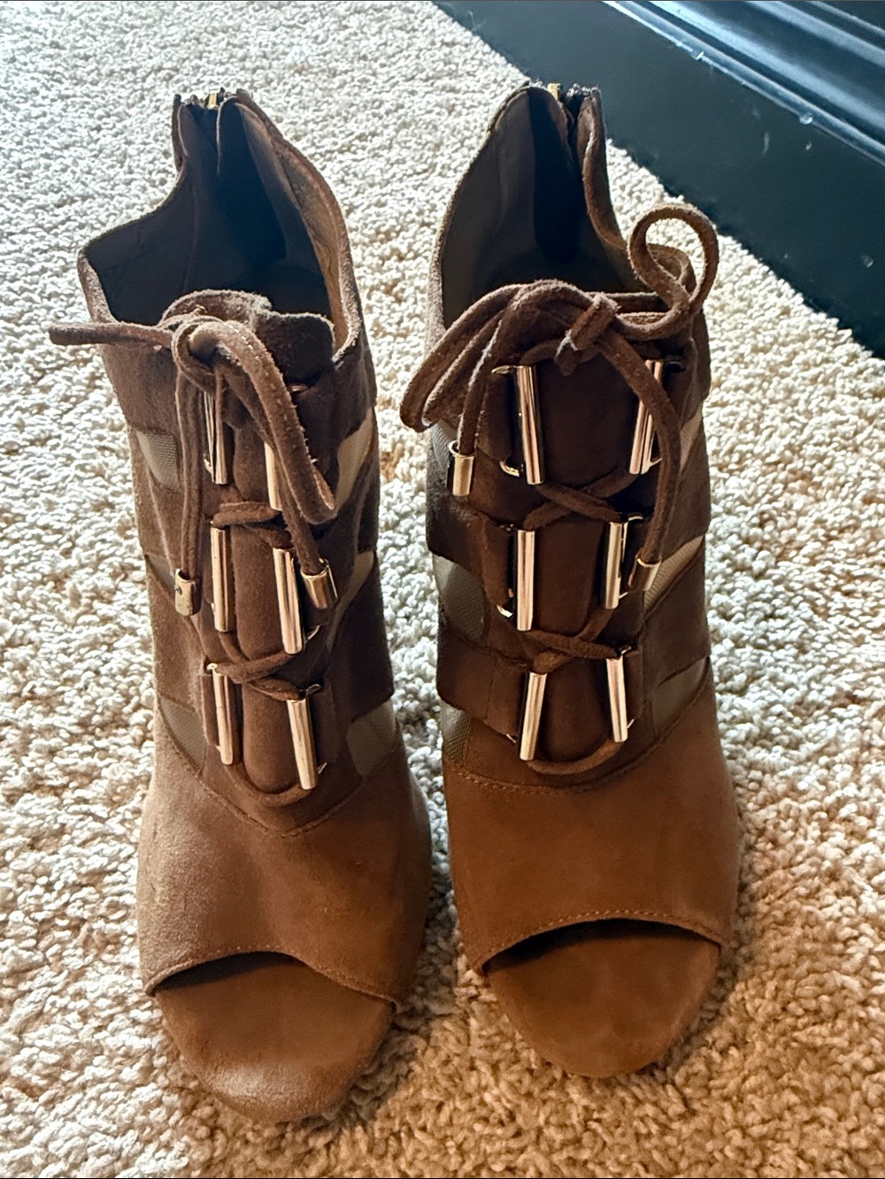 Isola Brown Suede Lace-Up Peep Toe Ankle Booties